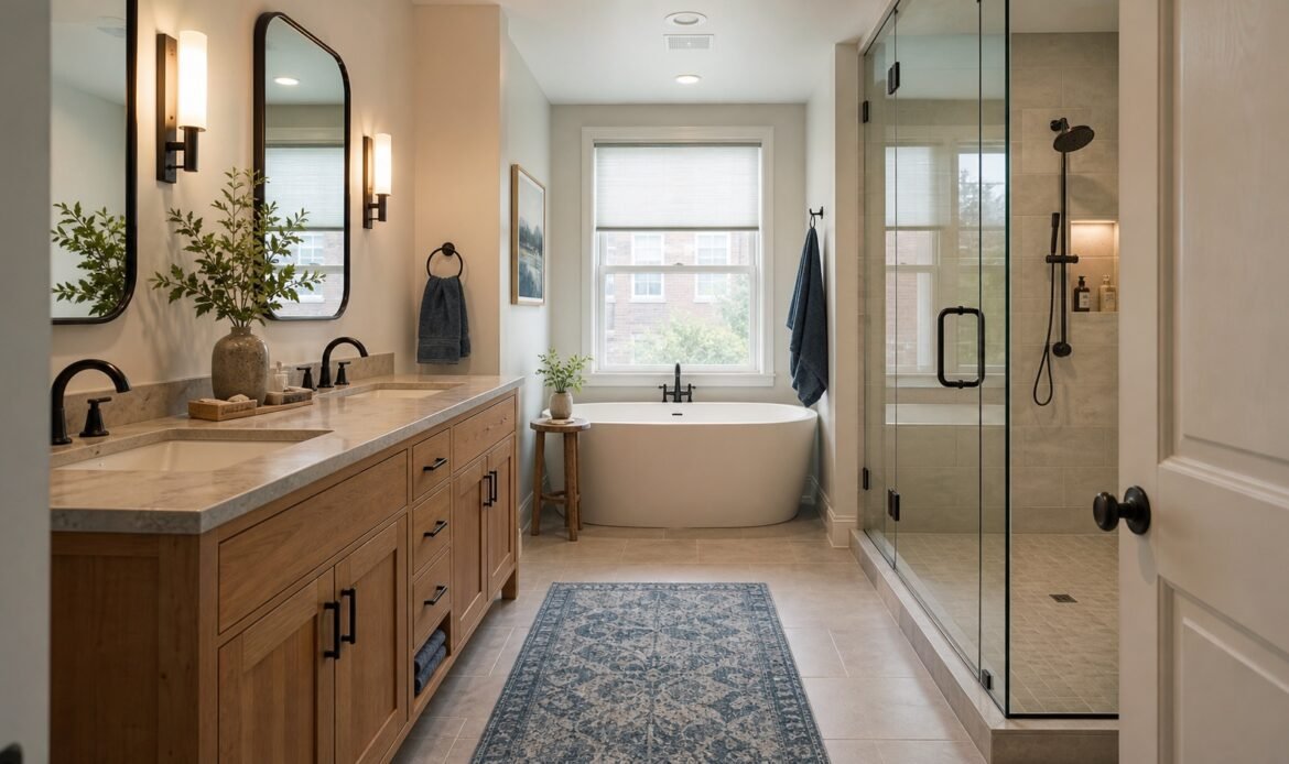 Bathroom renovation with oak vanity soaking tub glass shower and precise tile work in Queens