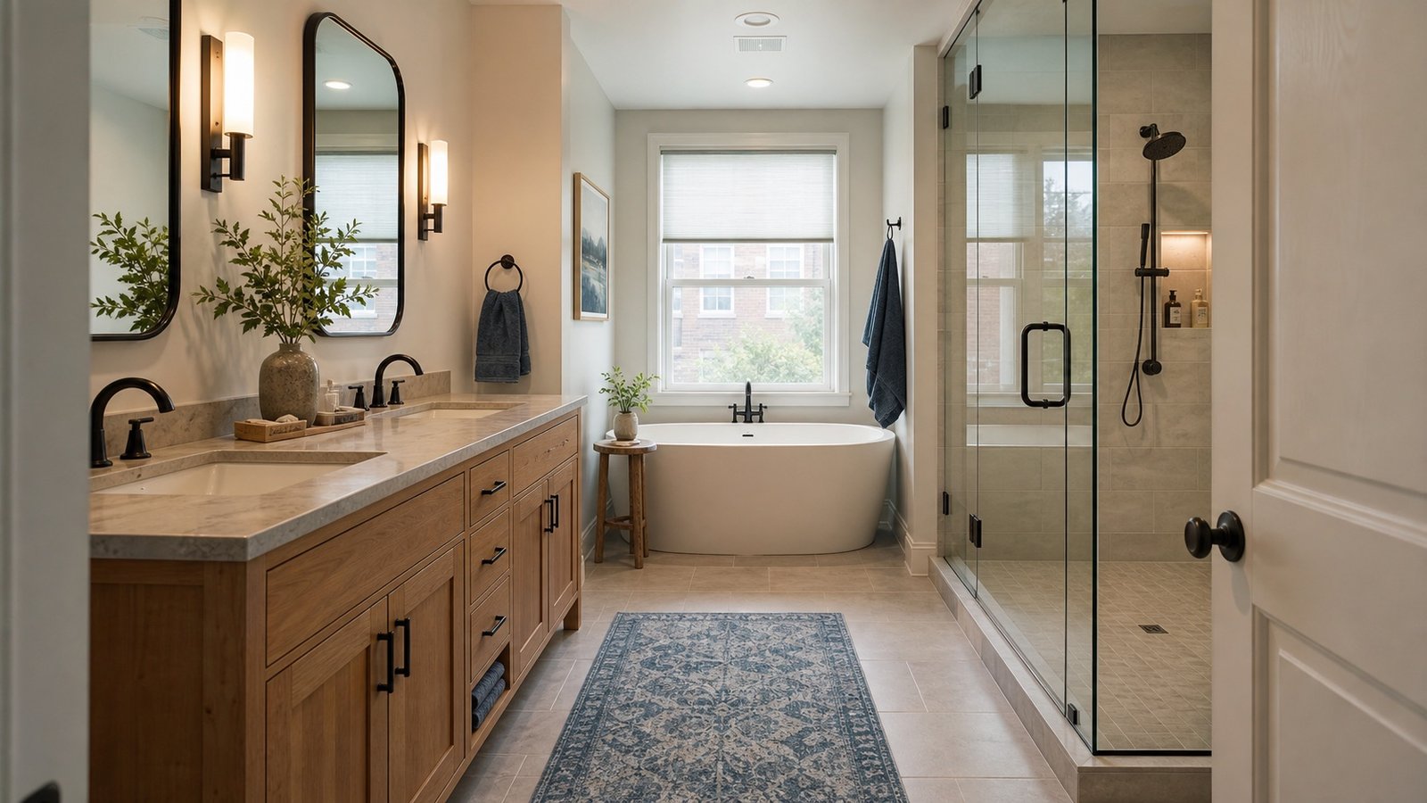 Bathroom renovation with oak vanity soaking tub glass shower and precise tile work in Queens
