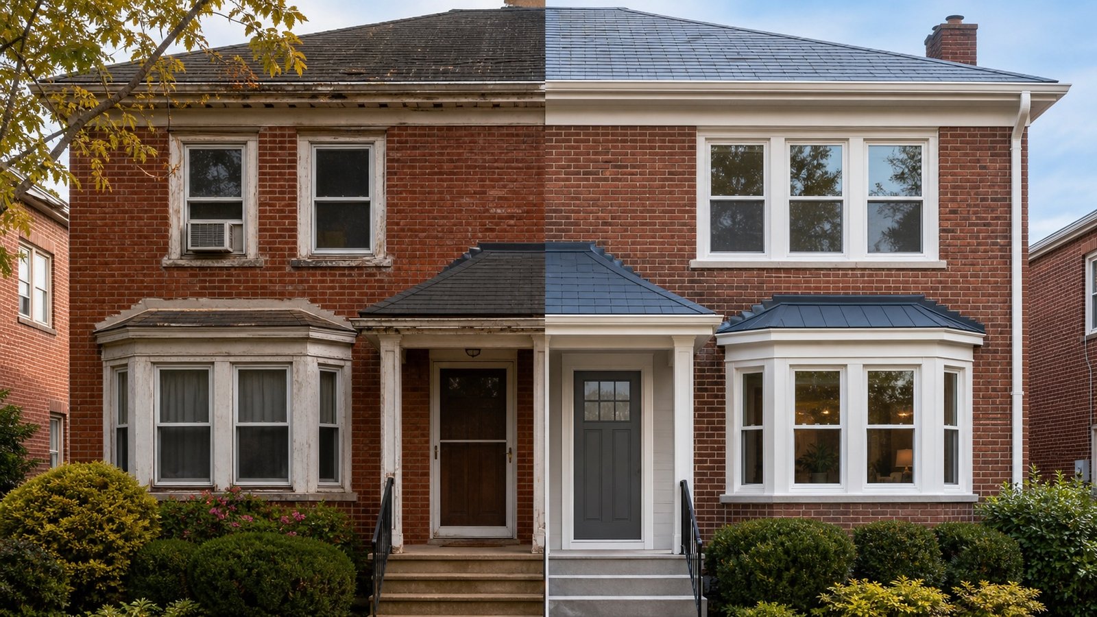 Queens brick home showing older windows beside upgraded replacement windows