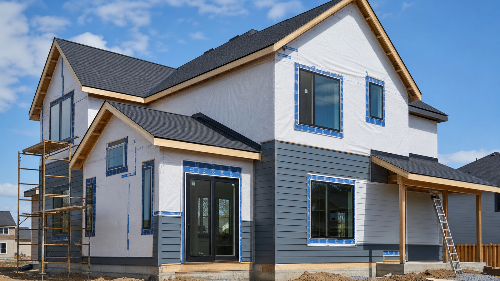 Home exterior envelope with housewrap windows roofing flashing and siding installation