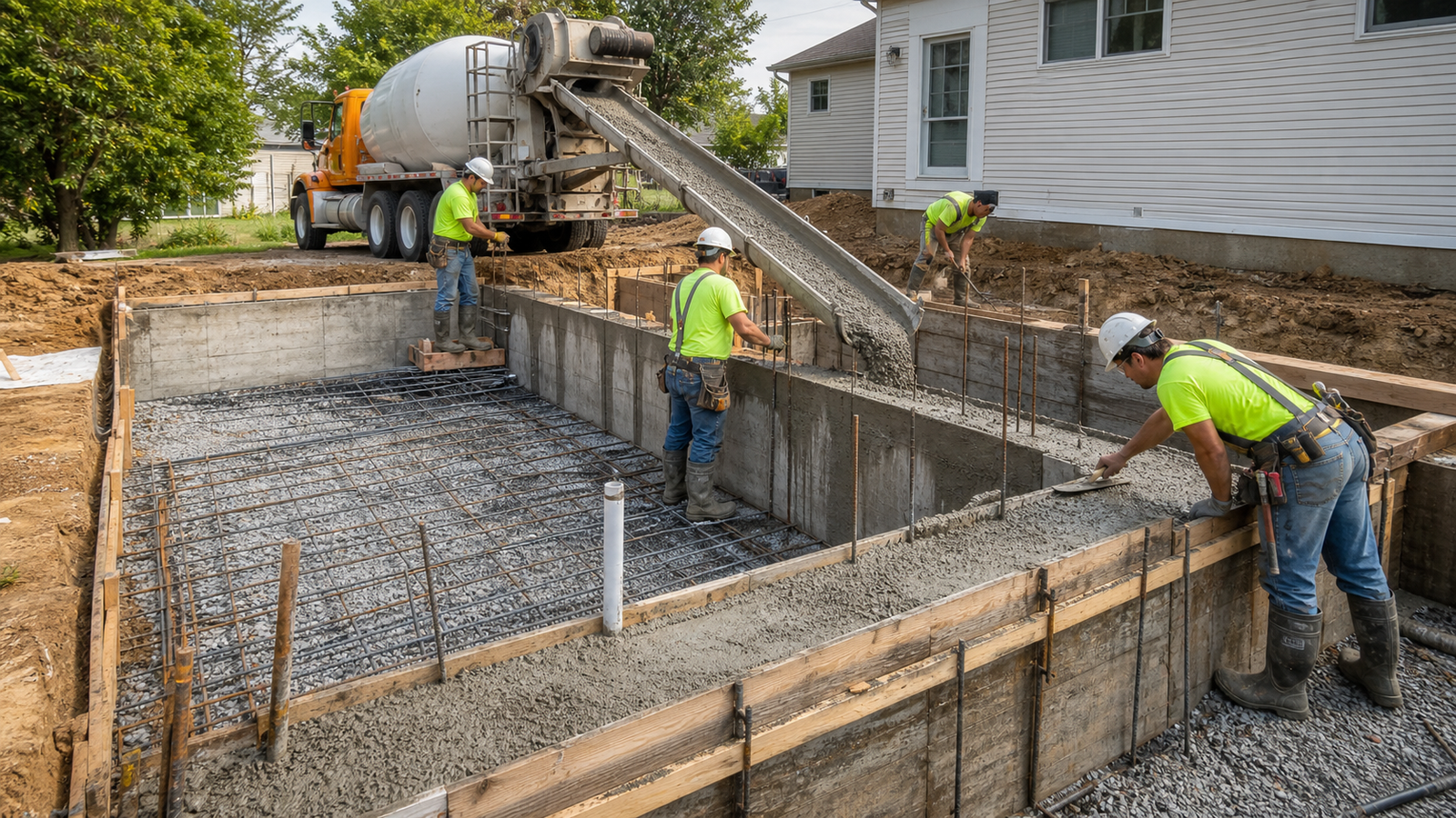 Crew pouring reinforced concrete foundation for residential construction