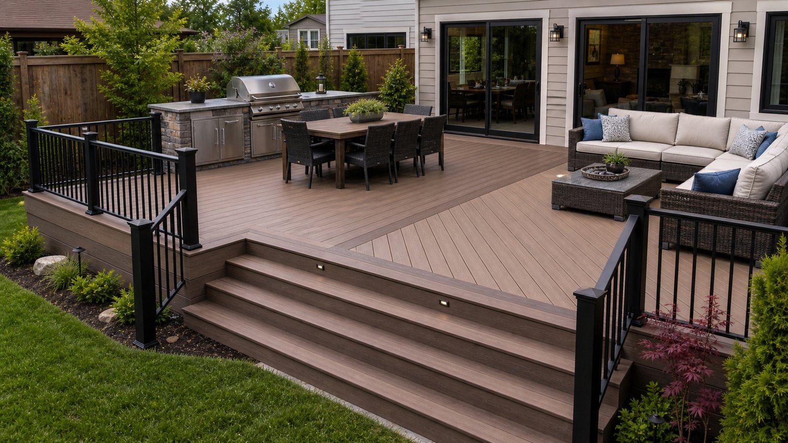 Multi-zone composite deck and outdoor living area for a residential home