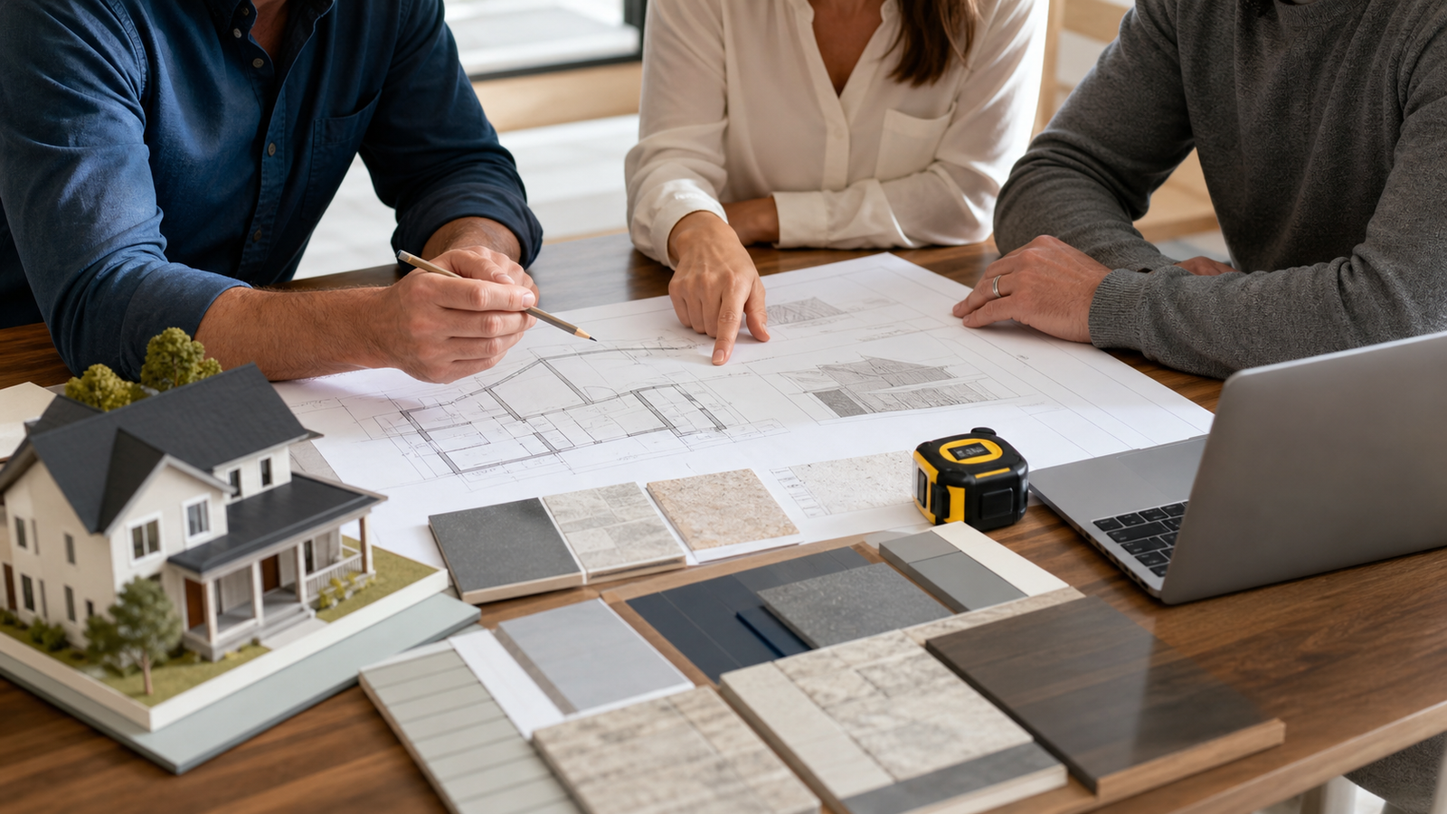 Contractor and homeowners reviewing construction plans before a project consultation