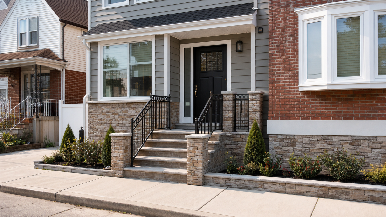 Queens residential entry with brick veneer, stone accents, gray siding, and black railings