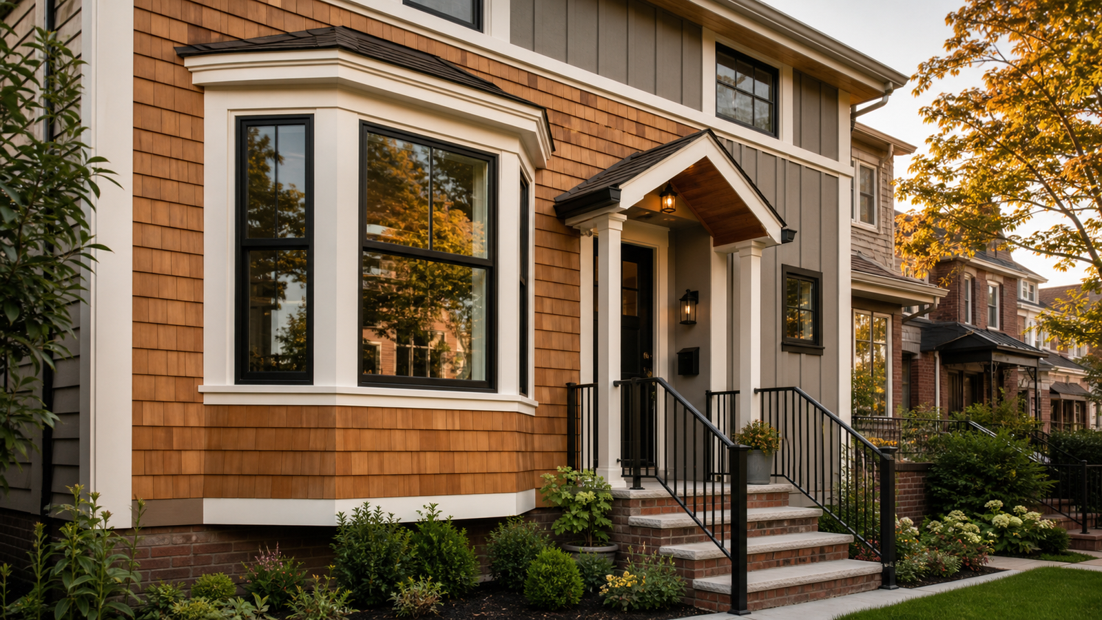 Queens style home with cedar-look shingles, engineered wood accents, and black window trim