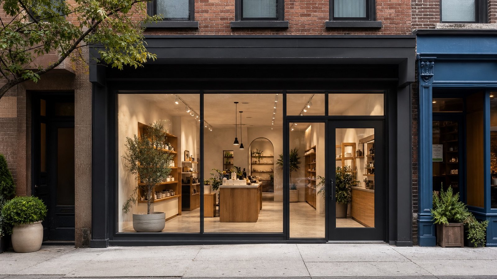 Renovated retail storefront with warm wood displays and black framed glazing in Queens