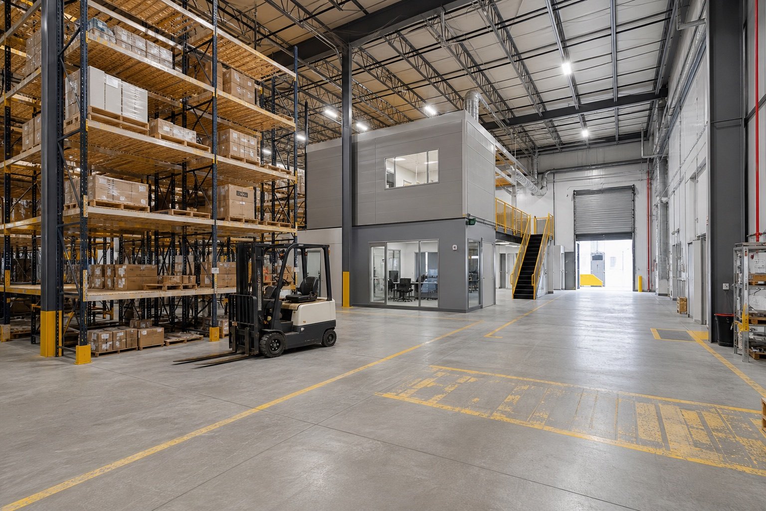 Completed Queens warehouse with organized racking, operations office, loading access, and marked circulation