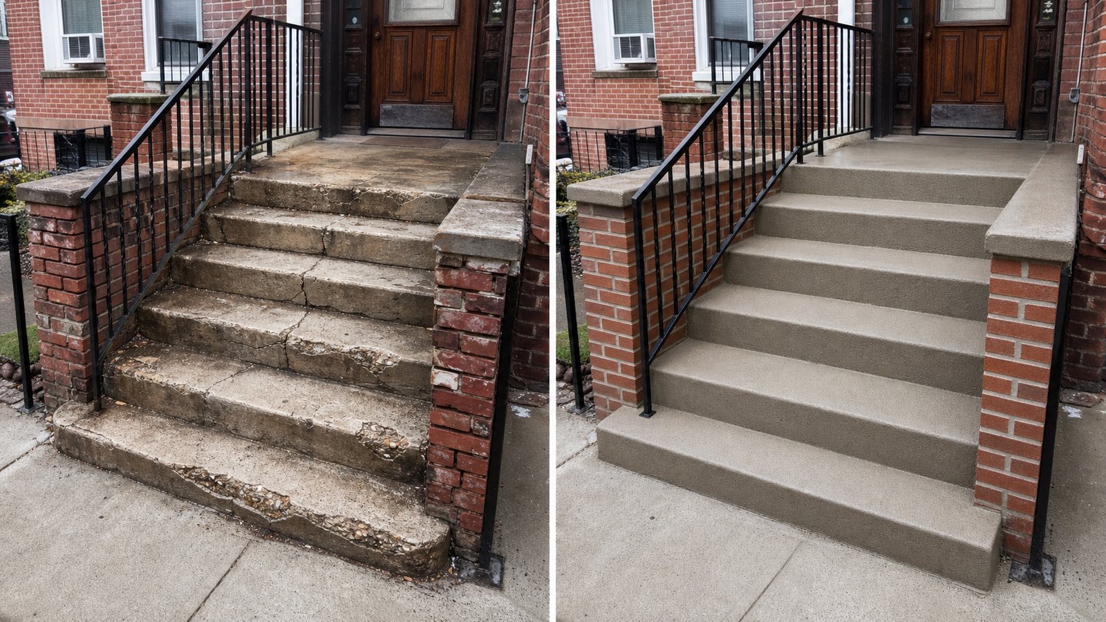 Before and after brick stoop rebuild in Queens, NY