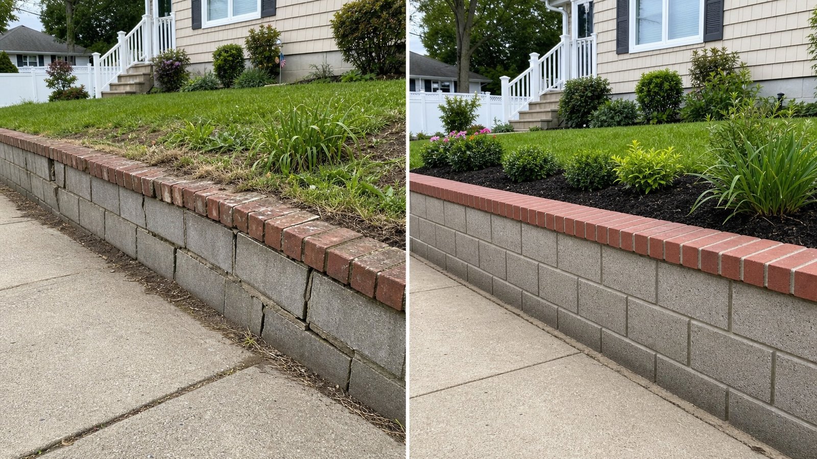 Before and after retaining wall repair on Long Island, NY
