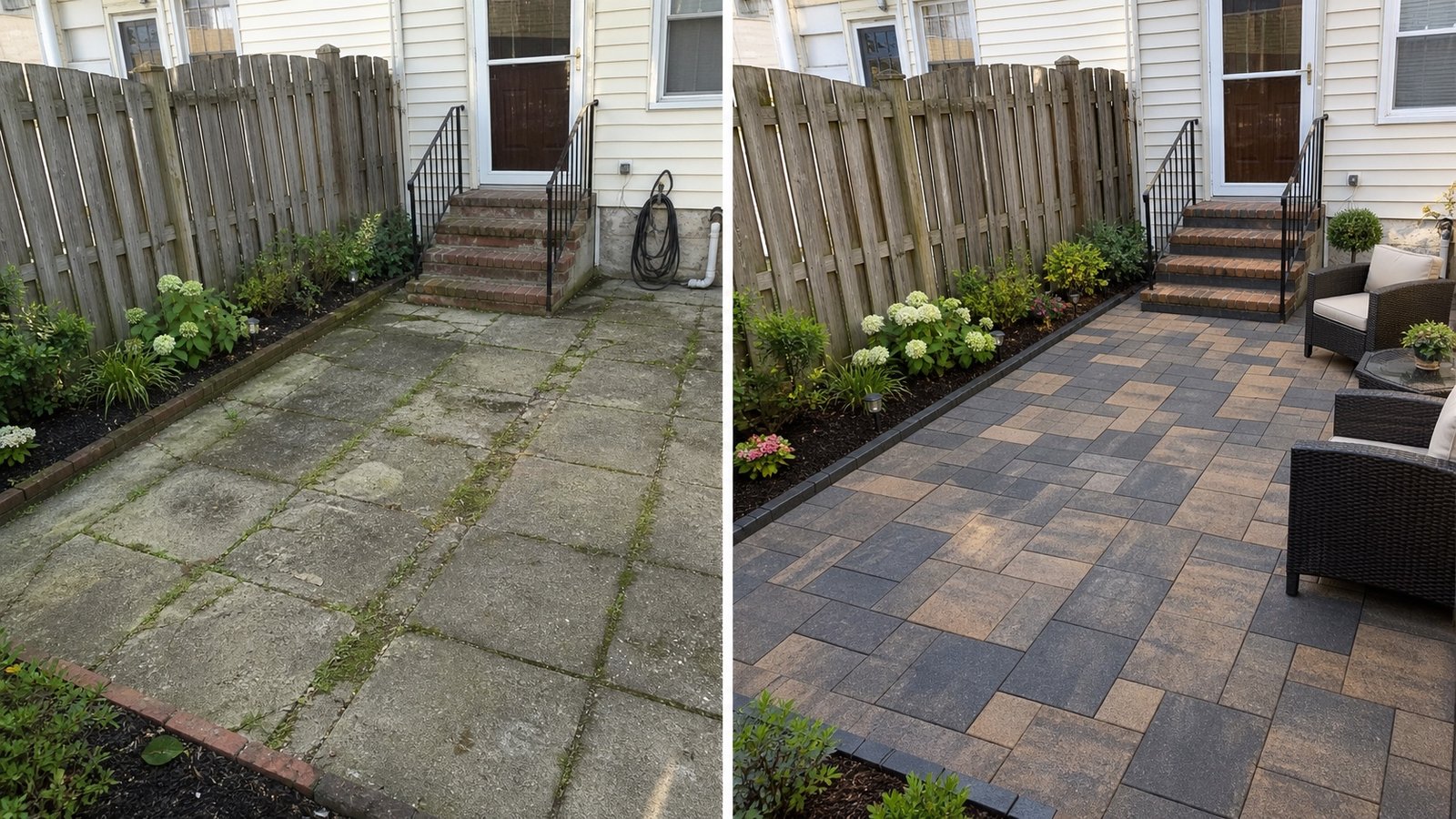 Before and after paver patio rebuild in Queens, NY