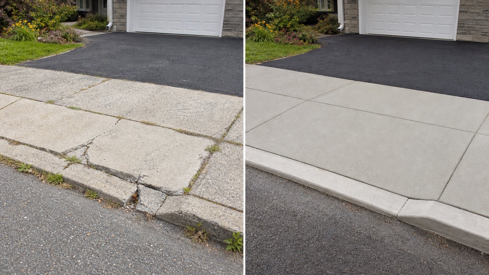 Before and after sidewalk and curb repair on Long Island, NY