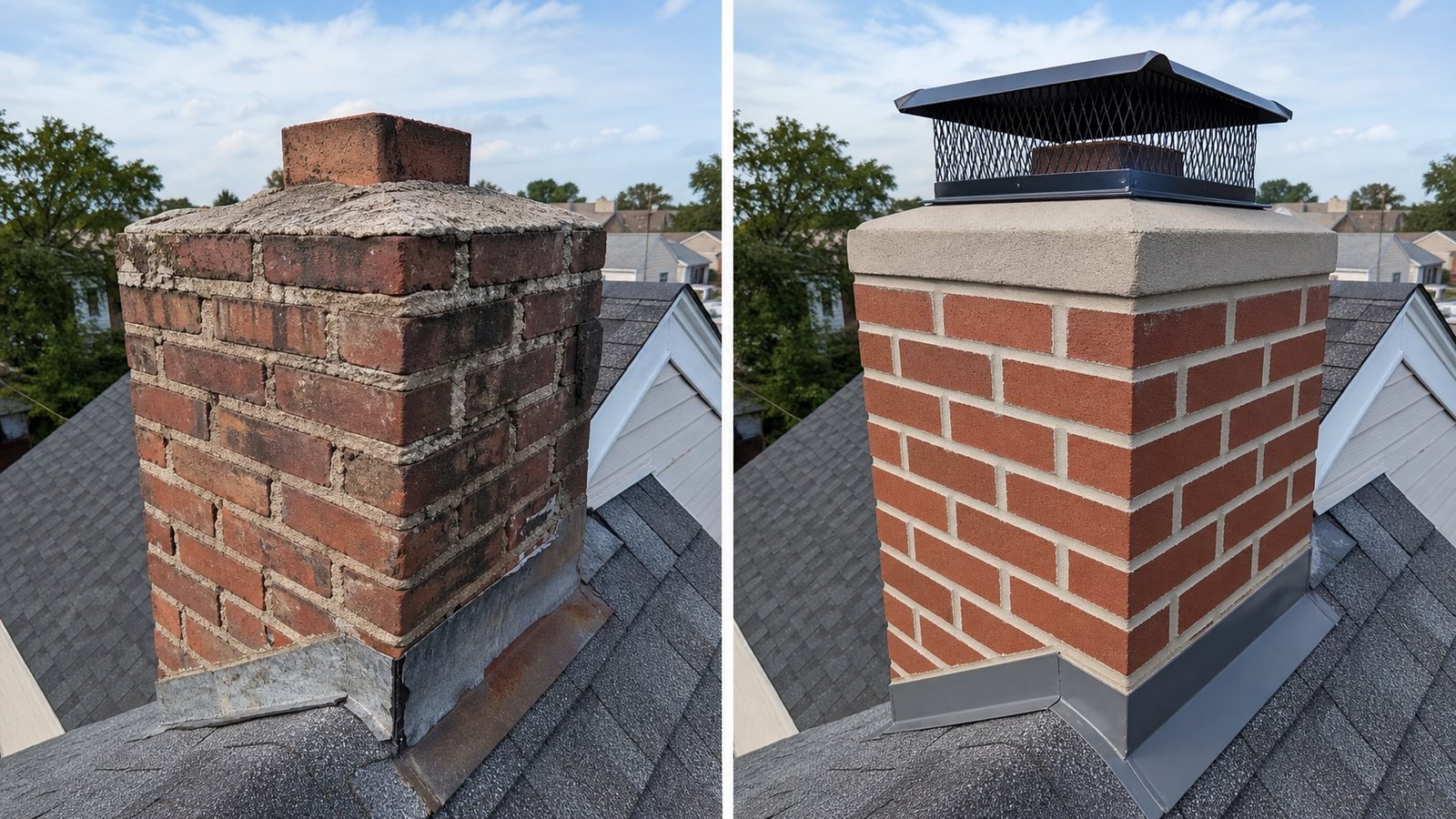 Before and after chimney masonry repair in Queens, NY