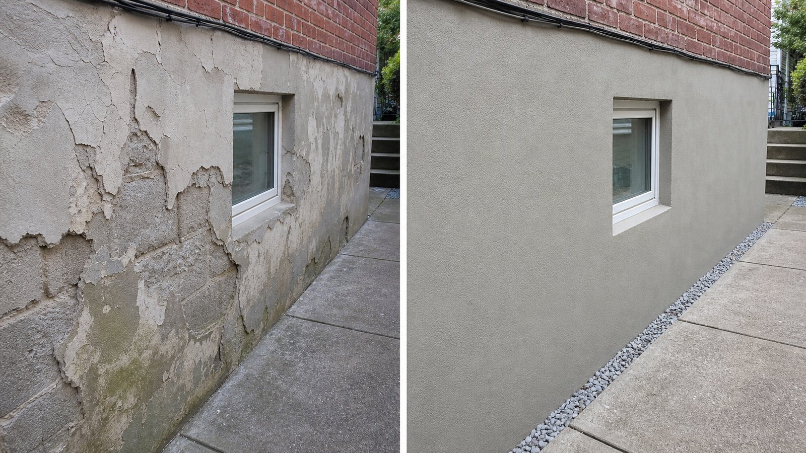 Before and after foundation parging repair in Queens, NY