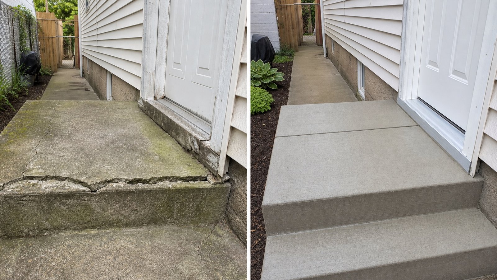 Before and after rear concrete landing project in Queens, NY