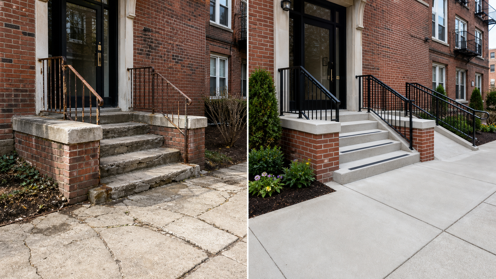Before and after co-op entry repair with new concrete masonry railings and ramp