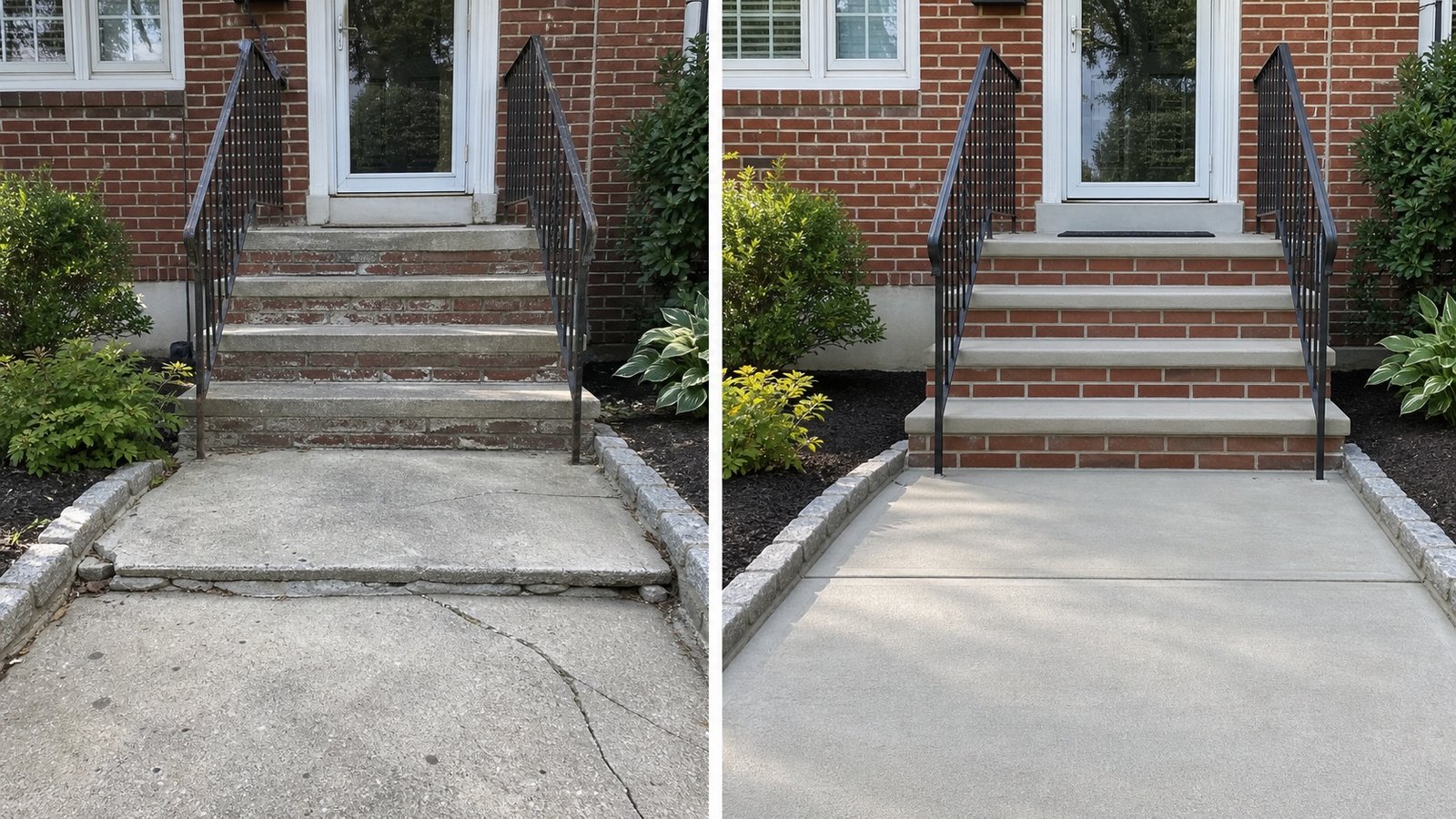 Before and after concrete and masonry step repair with a smoother walkway