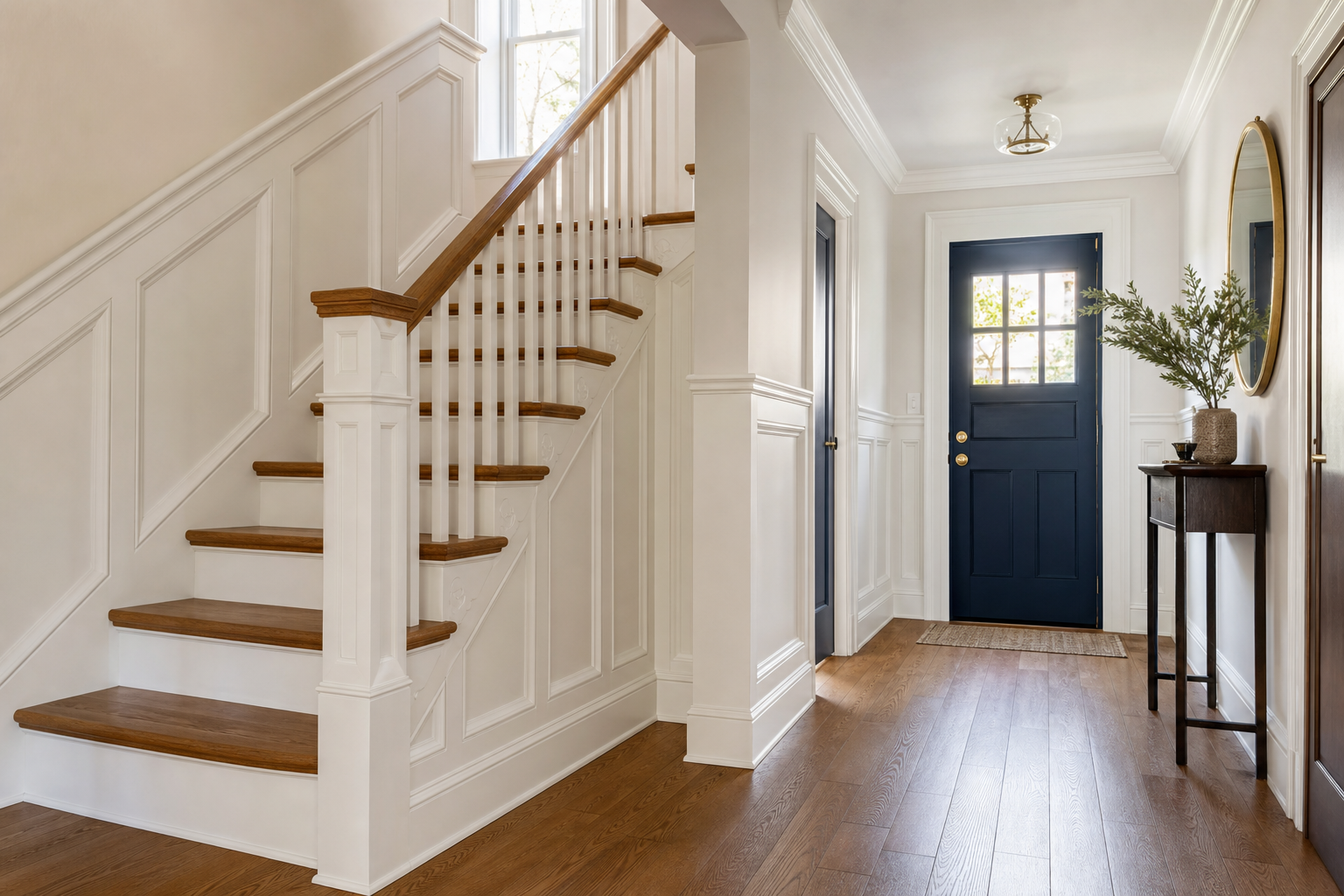 Entry hall with stair paneling, newel post, baseboards, casing, crown molding, and blue door