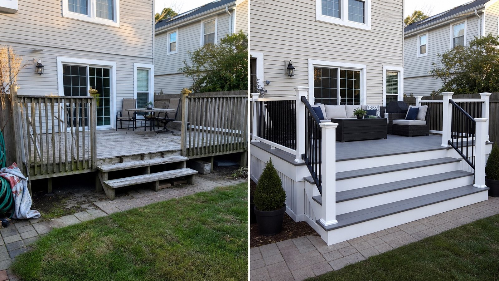 Before and after deck replacement with new composite boards railings and stairs