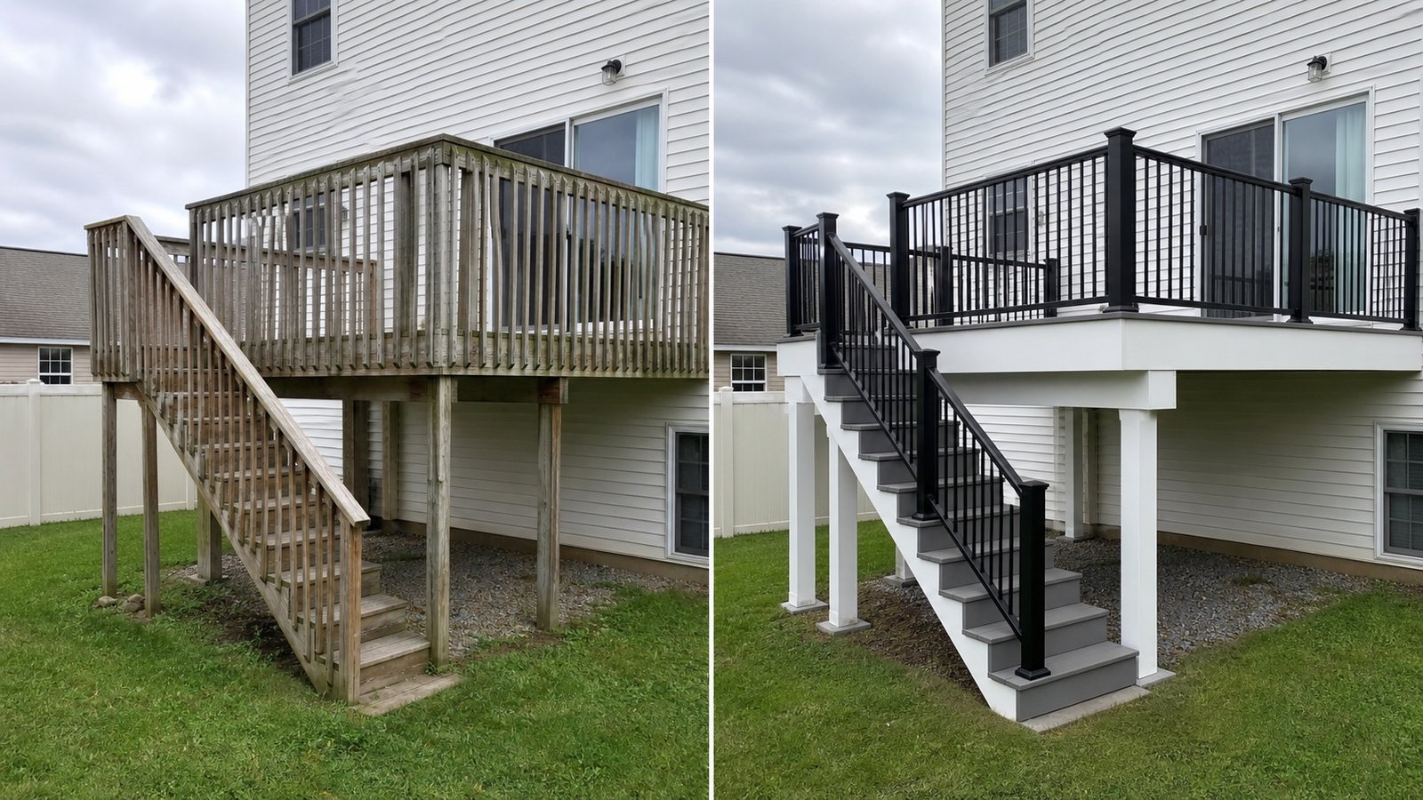 BluRock Services Decking before and after Clean Elevated Stair Rebuild Long Island project in Long Island, NY.