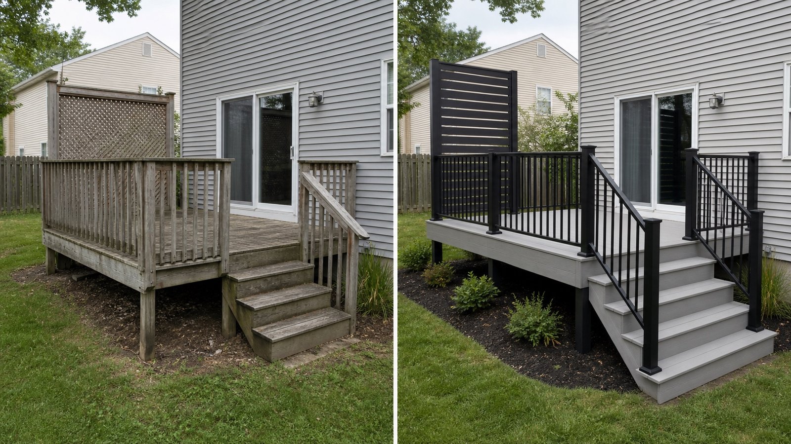 BluRock Services Decking before and after Privacy Screen Composite Deck Long Island project in Long Island, NY.