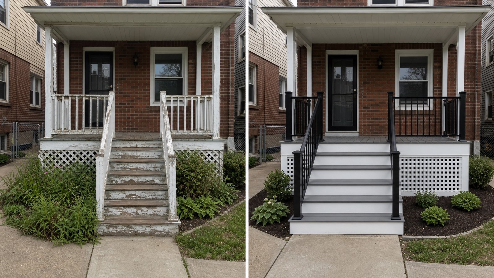 BluRock Services Decking before and after Front Porch Deck Stair Refresh Queens Ny project in Queens, NY.