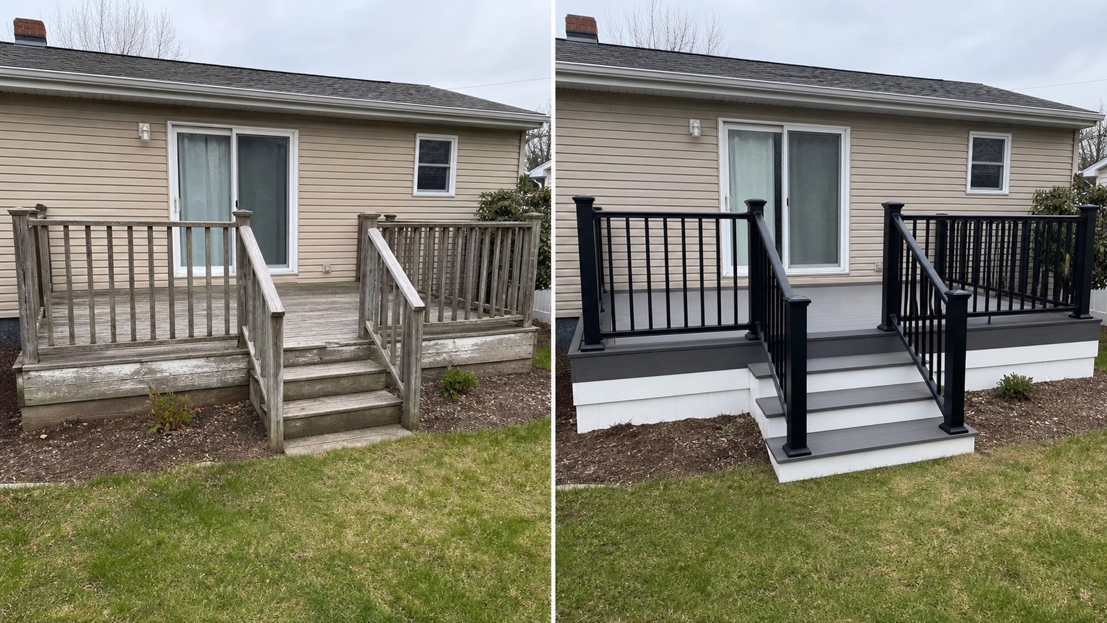 BluRock Services Decking before and after Gray Composite Stair Railings Long Island project in Long Island, NY.