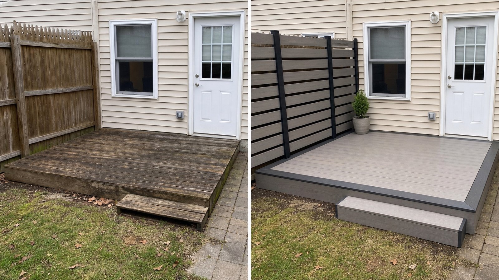 BluRock Services Decking before and after Compact Privacy Screen Deck Queens Ny project in Queens, NY.