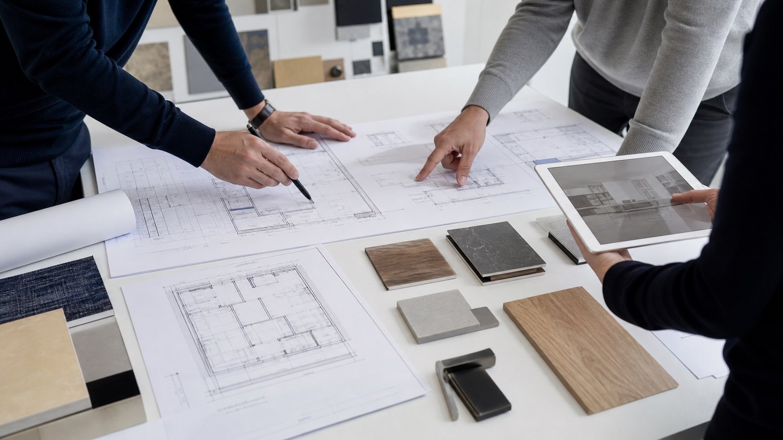 Contractor and design team reviewing construction drawings and material samples