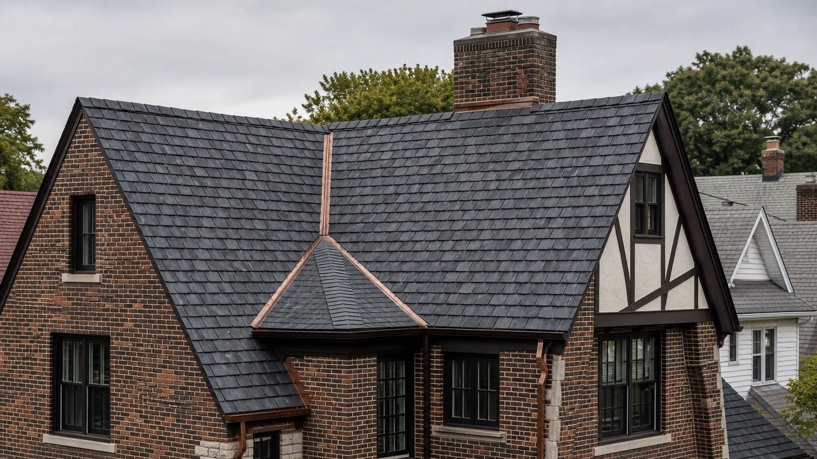Dark designer slate-look asphalt shingle roof on a Tudor style brick home