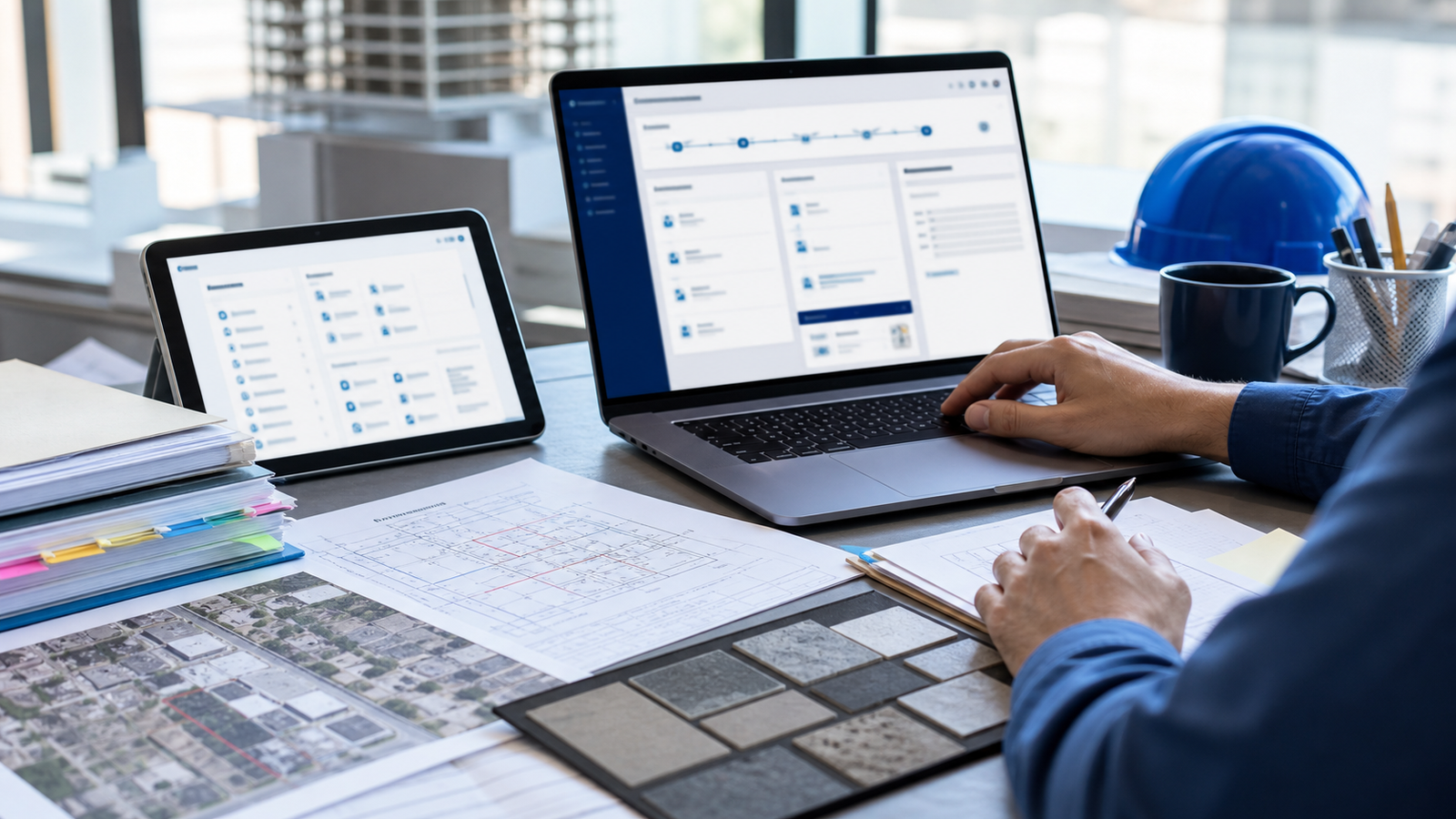 Contractor reviewing digital permit filing documents and plans