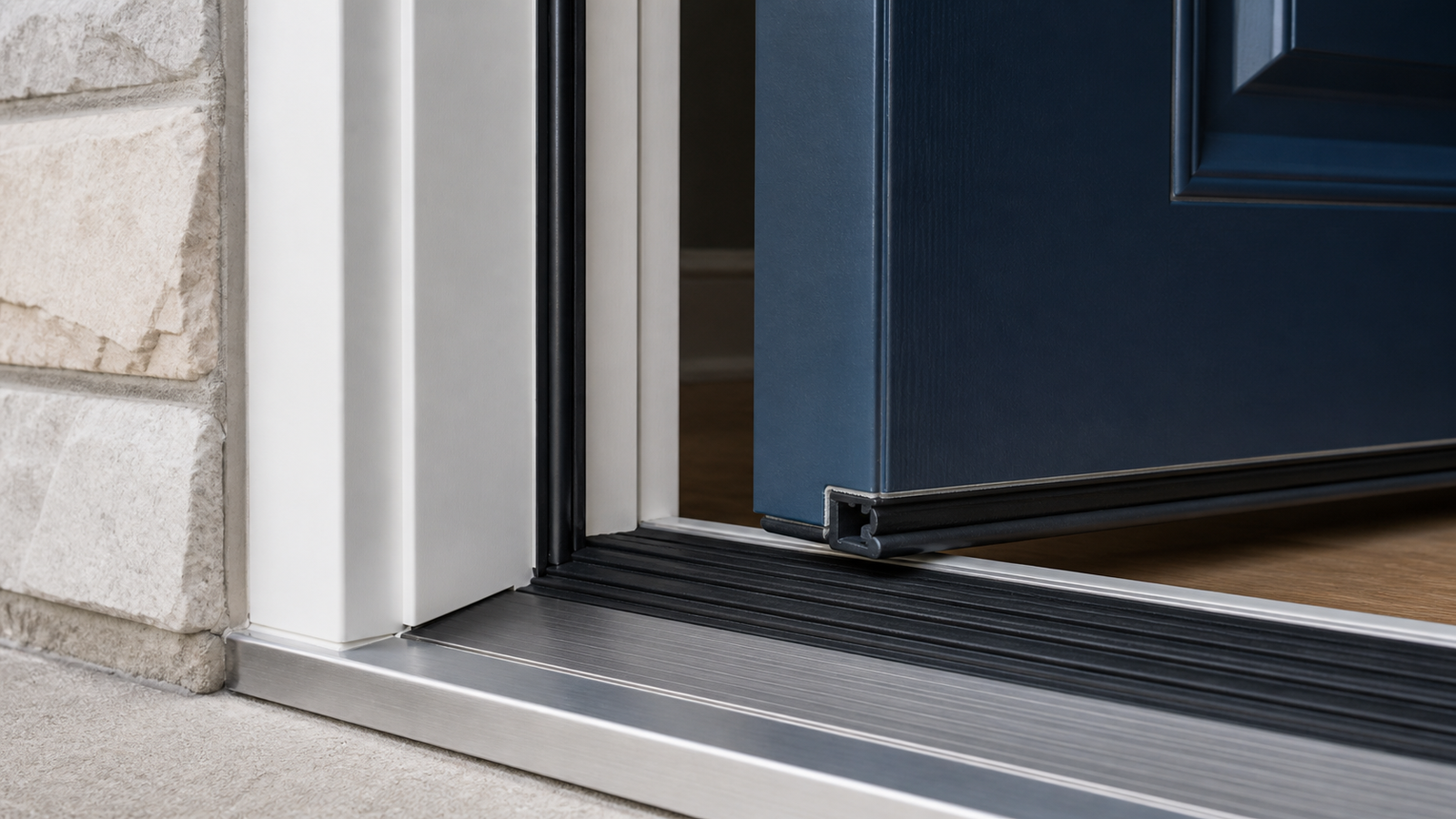 Close-up of door threshold weatherstripping and tight lower seal