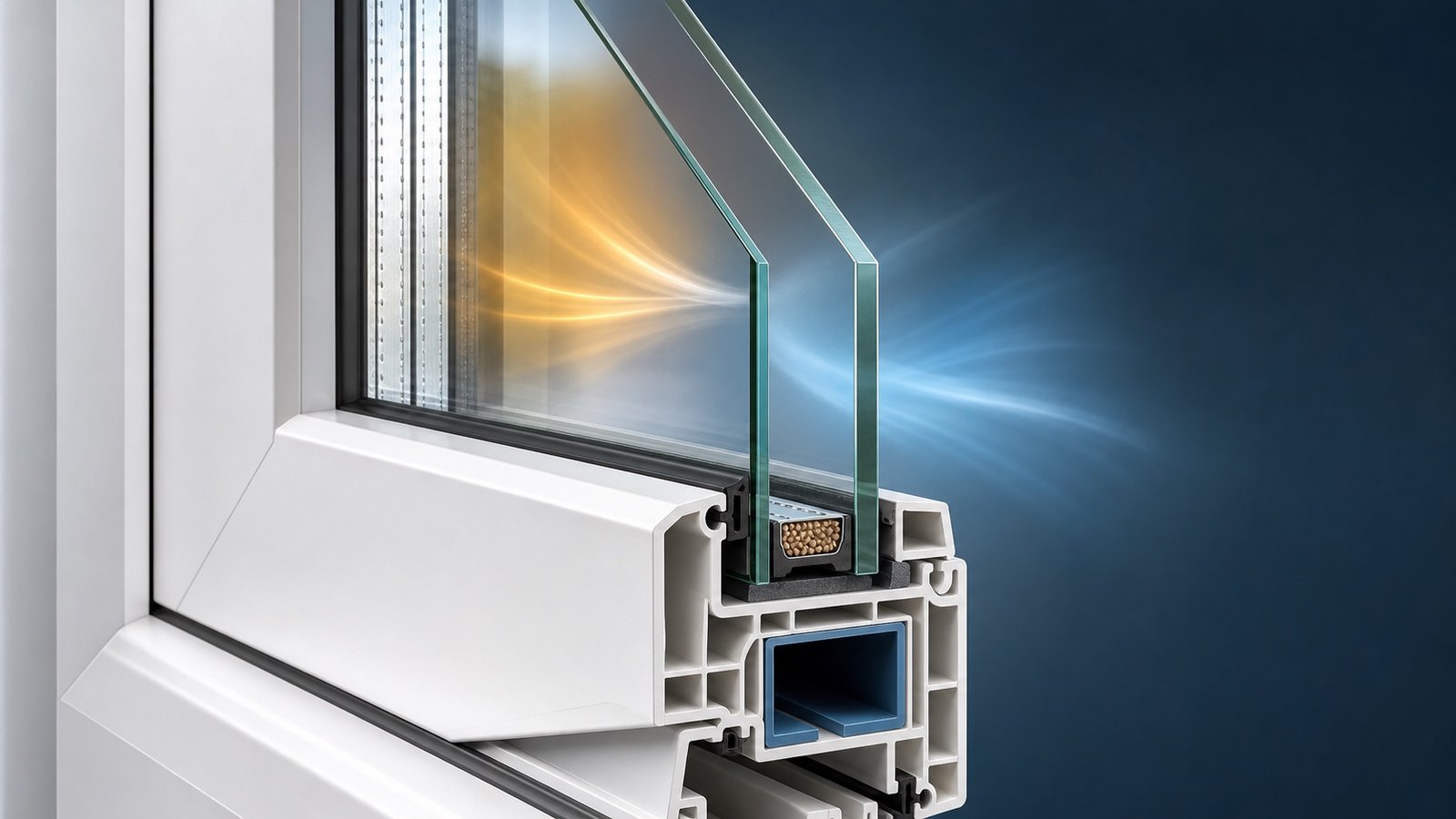 Cutaway view of double-pane low-e window glass and insulated frame