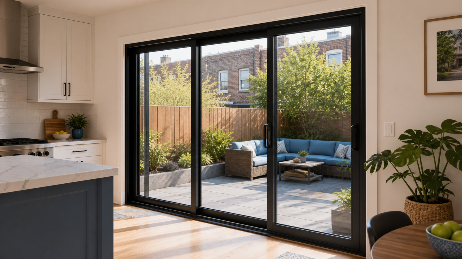 Energy efficient black framed patio door in a renovated Queens home
