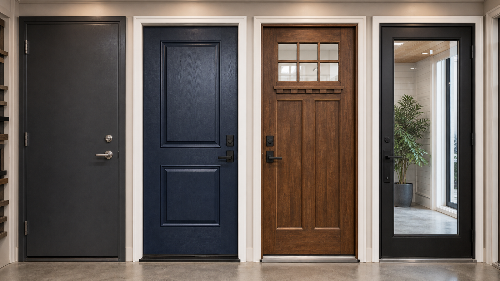 Full-size exterior door comparison showing steel fiberglass wood and glass-panel doors