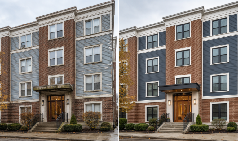 Before and after co-op building facade restoration with updated windows siding and entry
