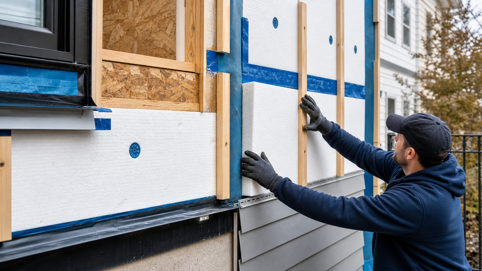 Worker installing exterior insulation, furring strips, and siding starter details on a home