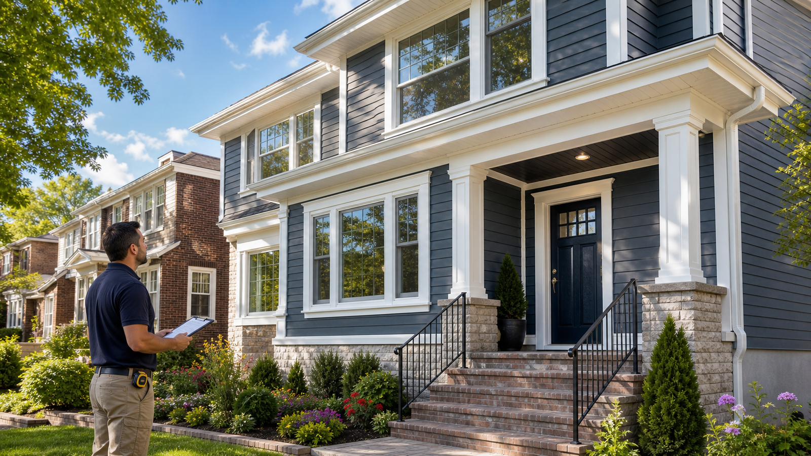 Finished Queens home exterior trim with white casing, fascia details, planting, and contractor review