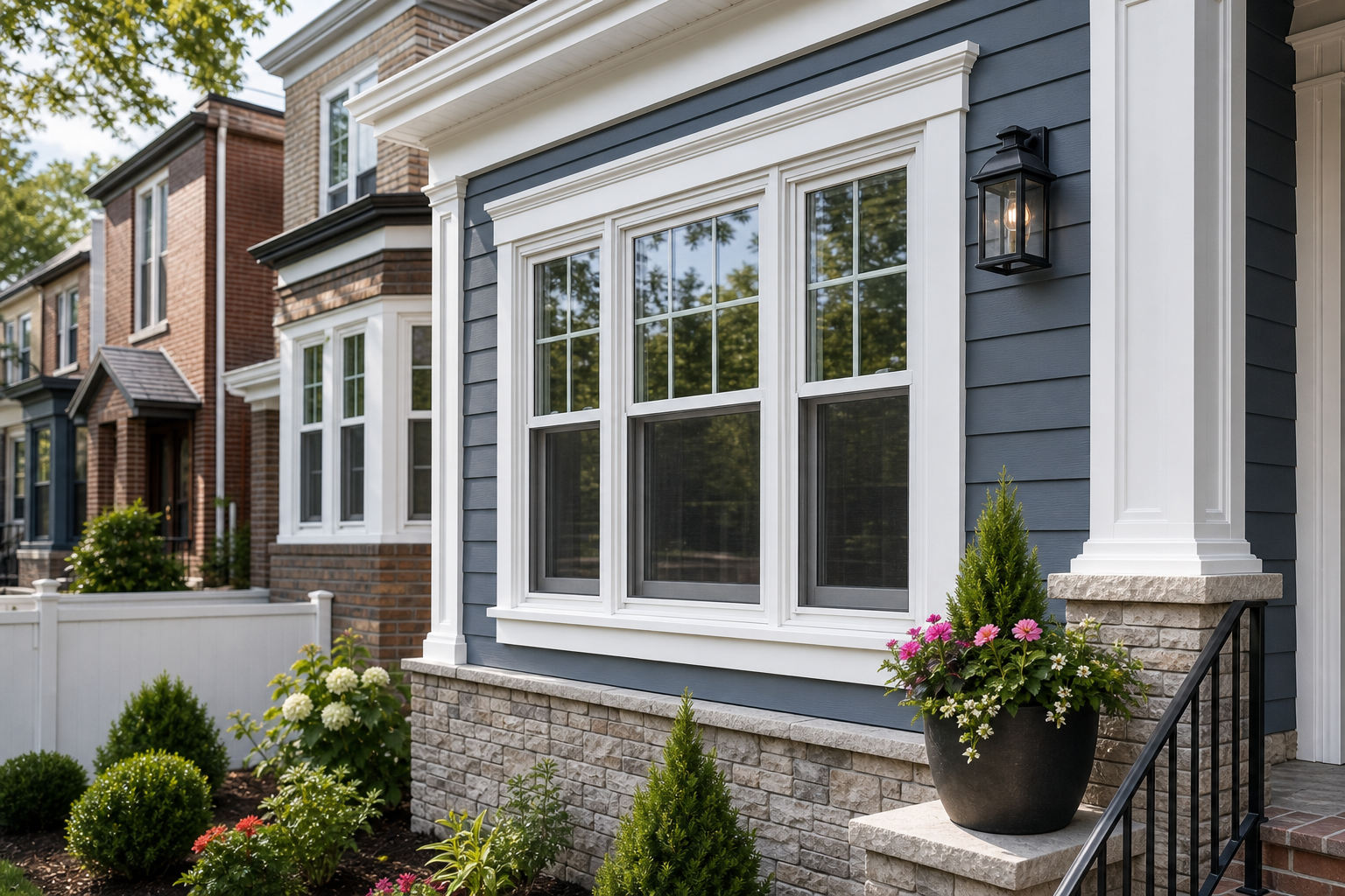 Finished Queens home window with crisp white casing, sill detail, planter, and flowers