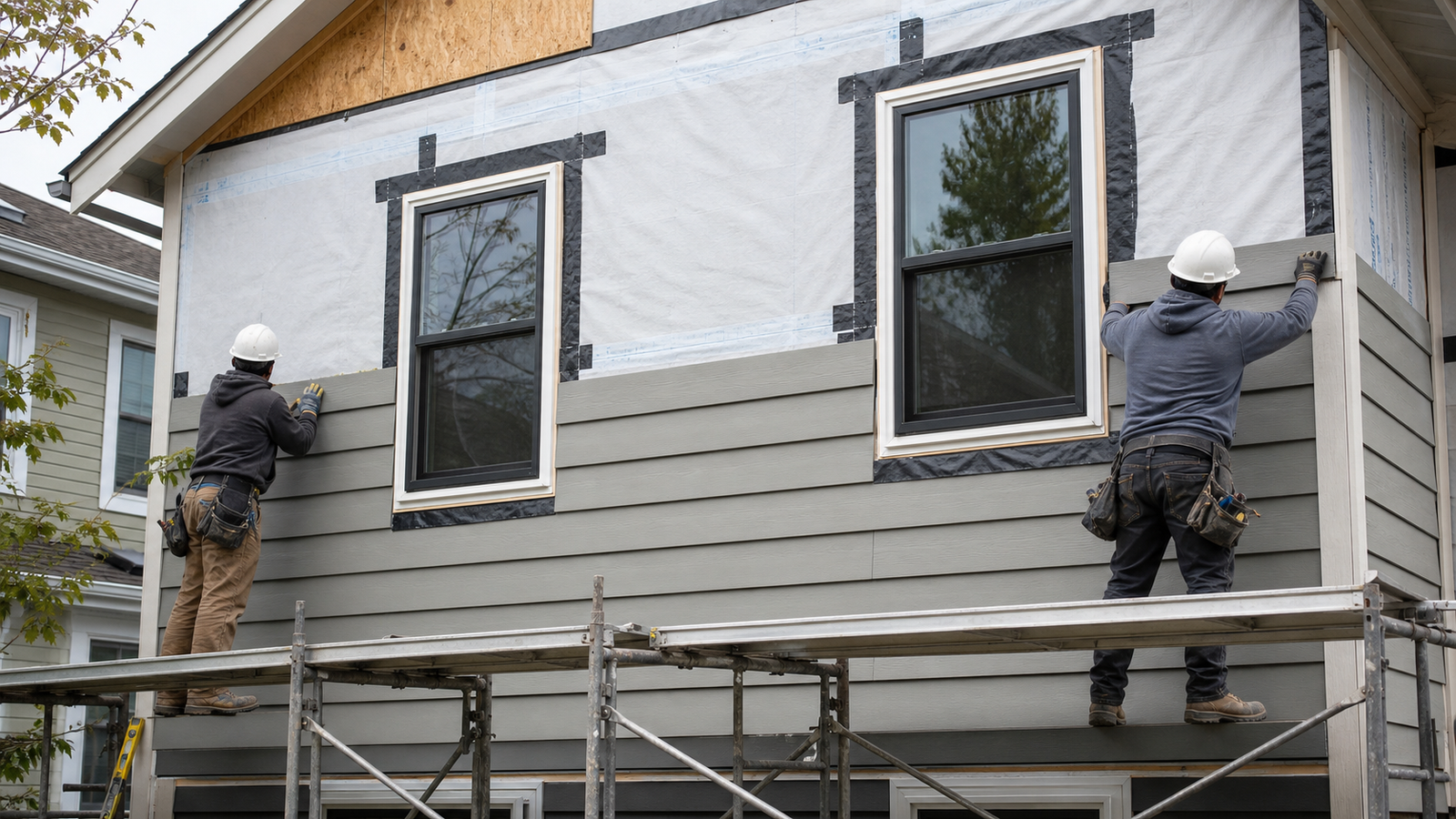 Contractors installing gray fiber cement siding over weather barrier on a residential facade