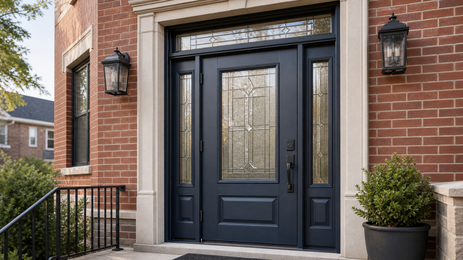 Fiberglass entry door with sidelights installed on a Queens brick home