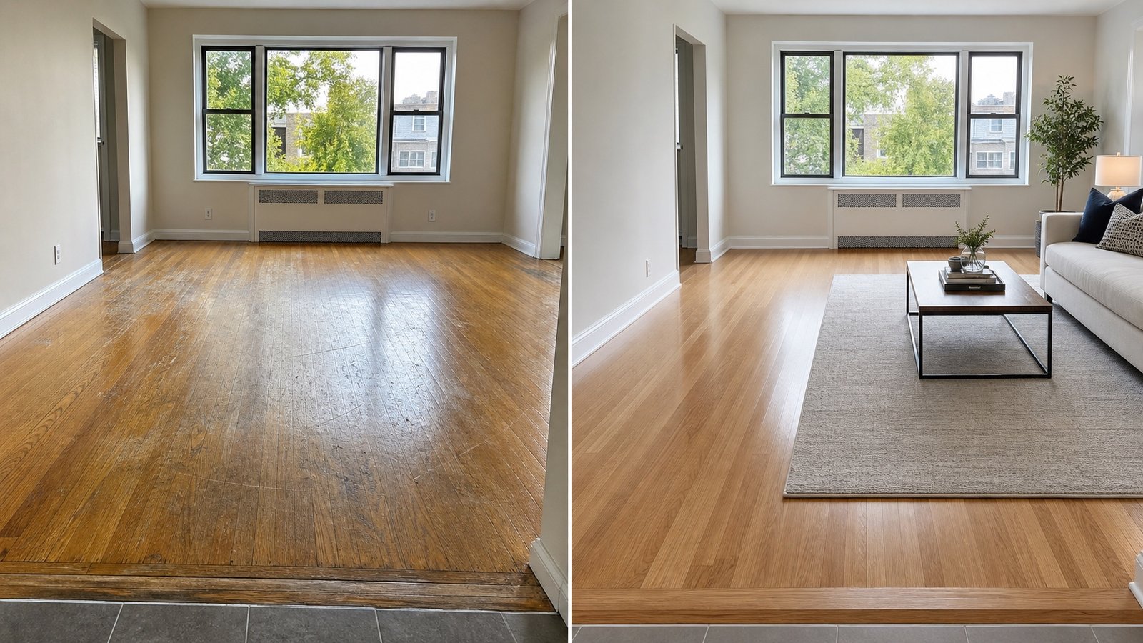 BluRock Services Flooring before and after Hardwood Refinishing Queens Ny project in Queens, NY.