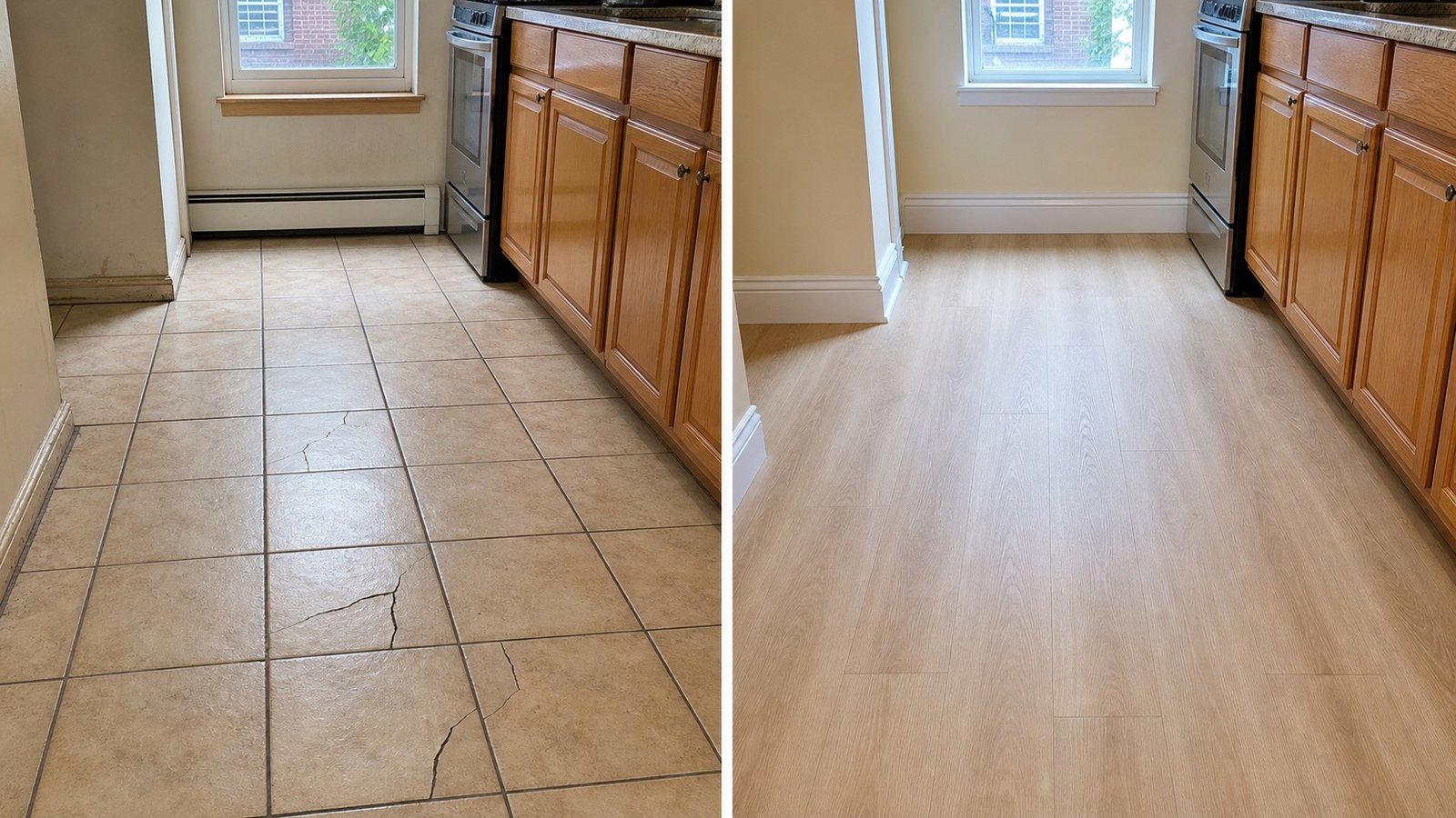 BluRock Services Flooring before and after Kitchen Tile To Vinyl Plank Queens Ny project in Queens, NY.