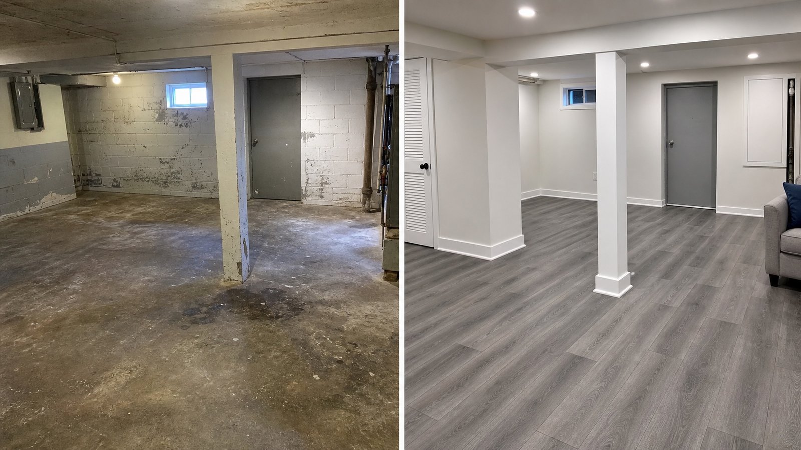 BluRock Services Flooring before and after Basement Vinyl Plank Queens Ny project in Queens, NY.