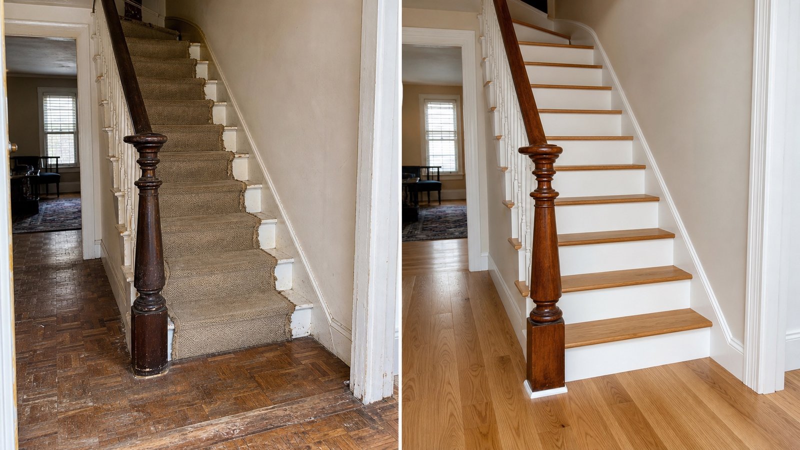 BluRock Services Flooring before and after Stair Tread Refinish Queens Ny project in Queens, NY.