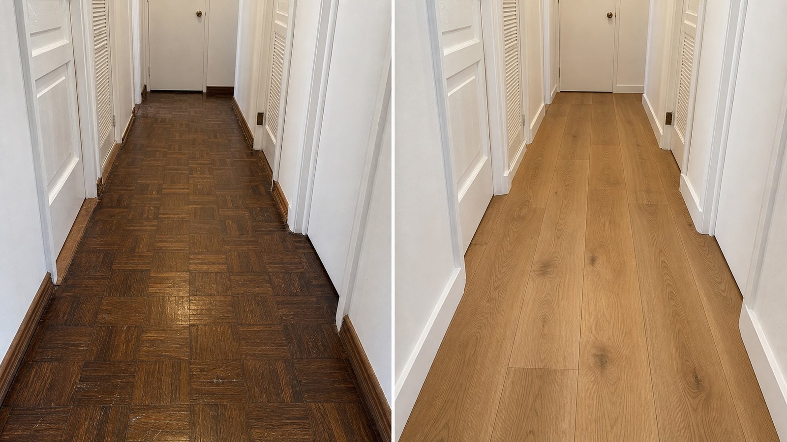 BluRock Services Flooring before and after Hallway Engineered Wood Queens Ny project in Queens, NY.