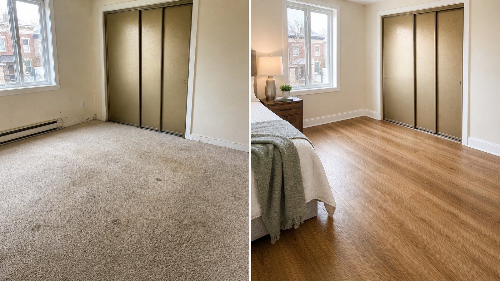 BluRock Services Flooring before and after Bedroom Carpet To Plank Queens Ny project in Queens, NY.