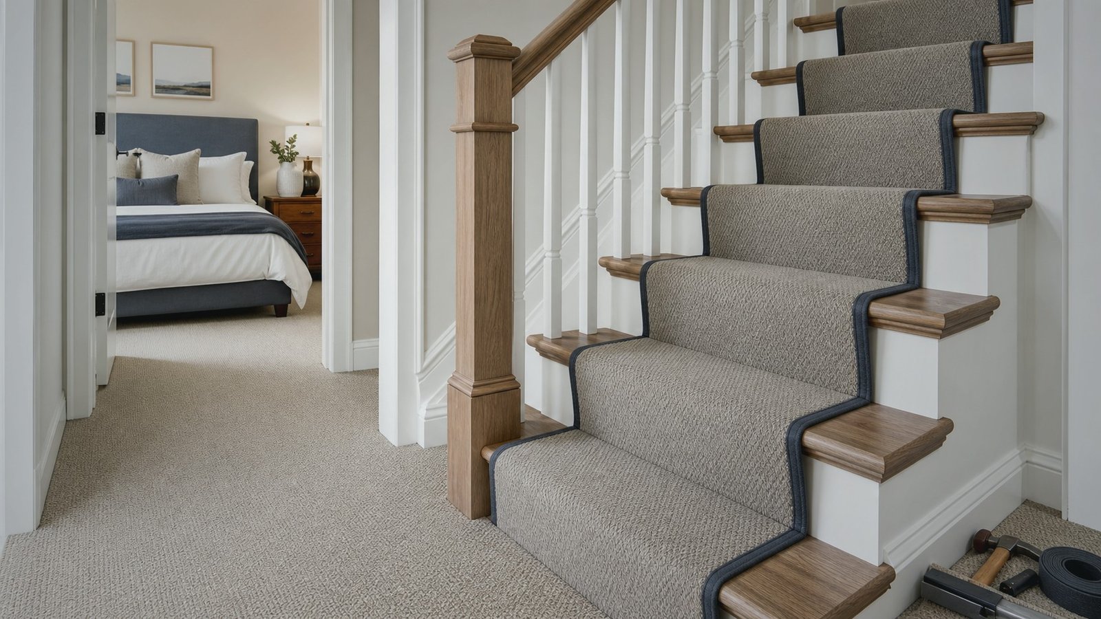 Soft carpet and stair runner installation in a renovated home