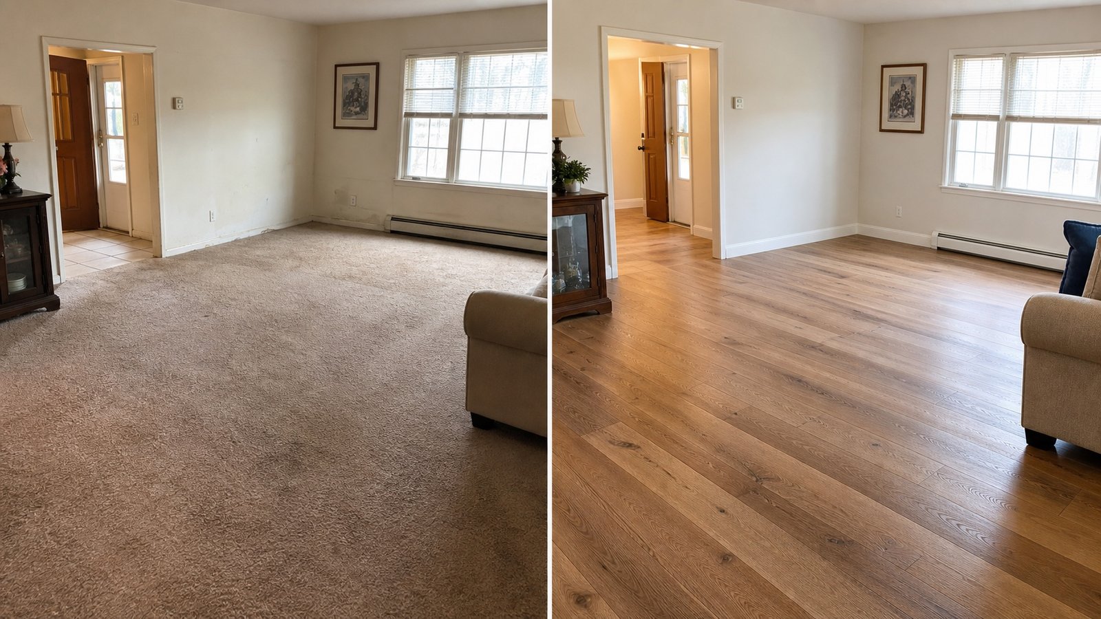 Before and after flooring installation replacing old carpet with warm plank flooring