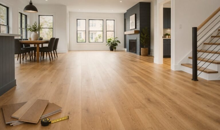 Warm wide-plank flooring in a renovated living room by BluRock Services