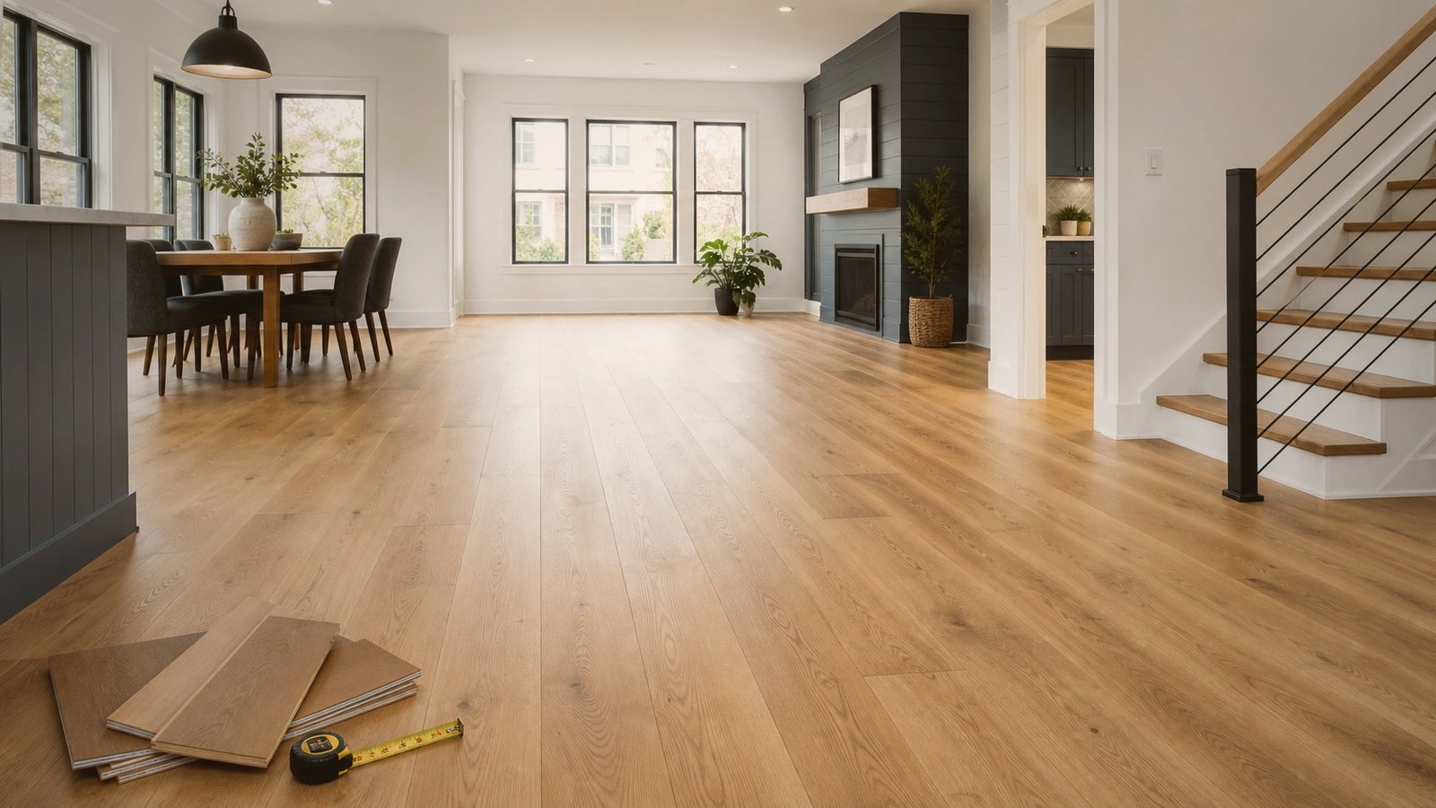 Warm wide-plank flooring in a renovated living room by BluRock Services